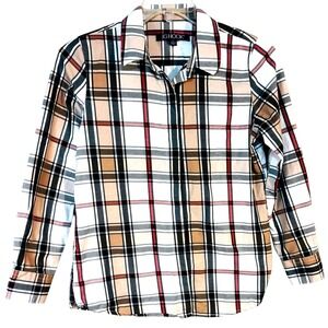 JG‎ Hook Plaid Shirt Black Brown Red Women's Long Sleeve Small Petite Blouse